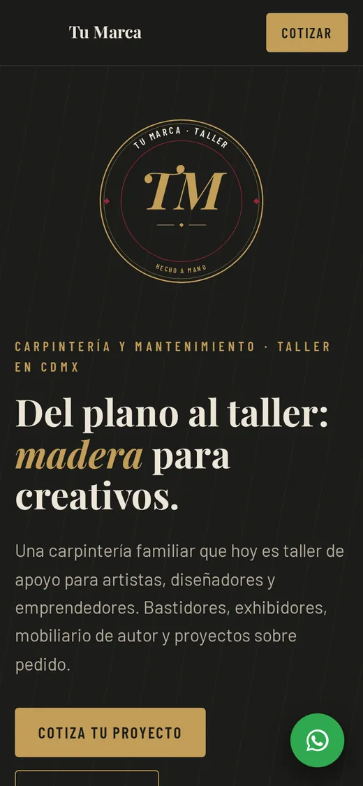 Concepto de página para taller de carpintería para creativos, vista en celular