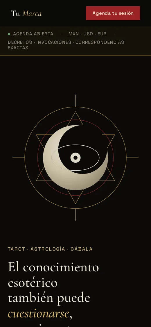 Concepto de página para servicios de tarot y astrología, vista en celular