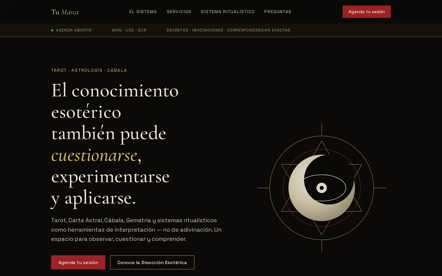 Concepto de página para servicios de tarot y astrología, vista en computadora