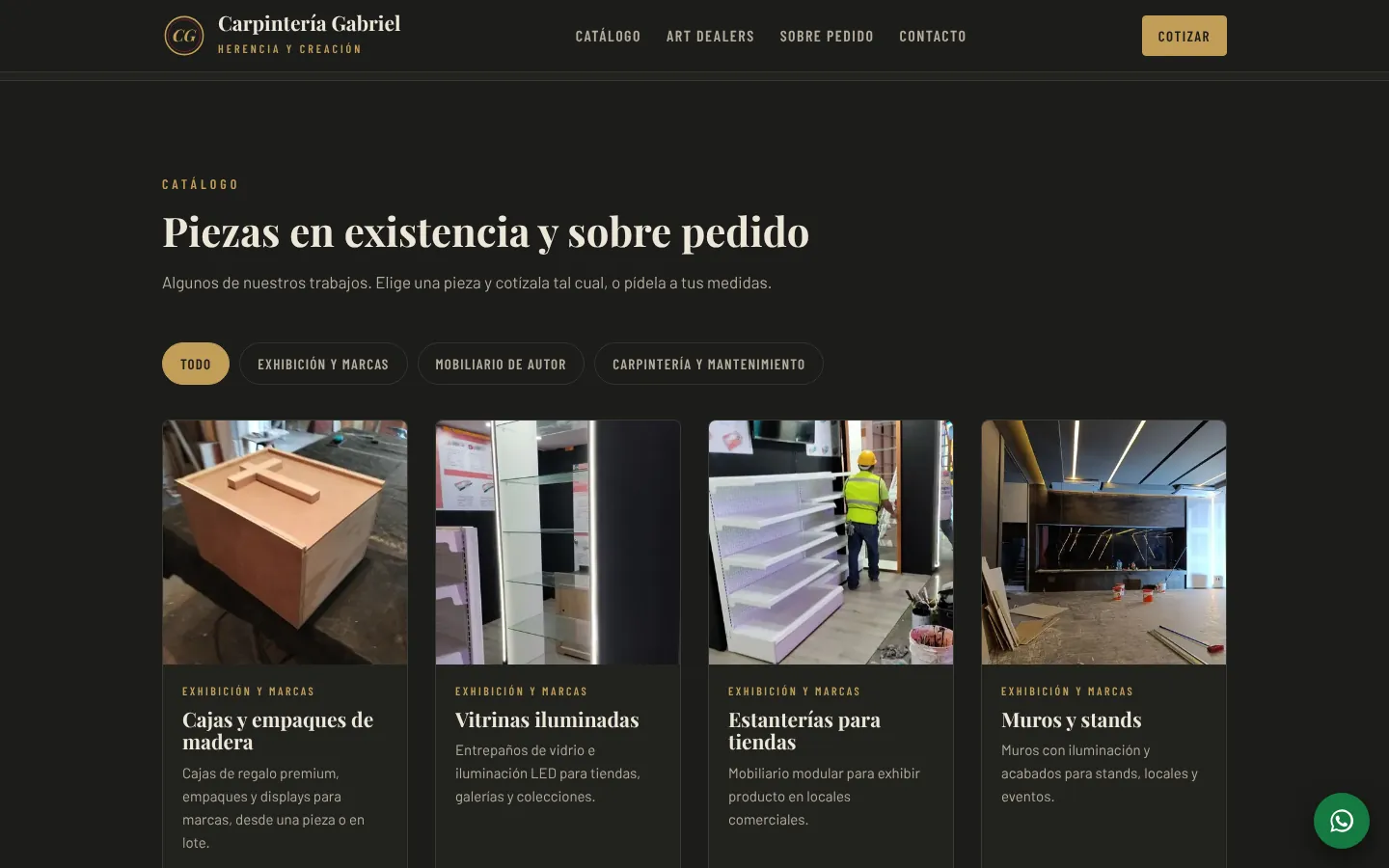 Catálogo de Carpintería Gabriel con piezas por categoría y botón para cotizar