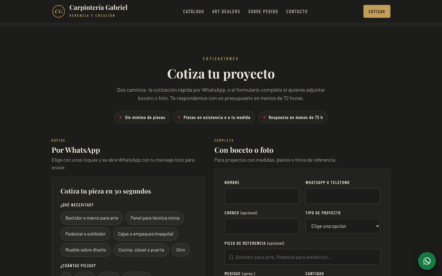 Sección para cotizar de Carpintería Gabriel: cotizador por WhatsApp y formulario con boceto o foto