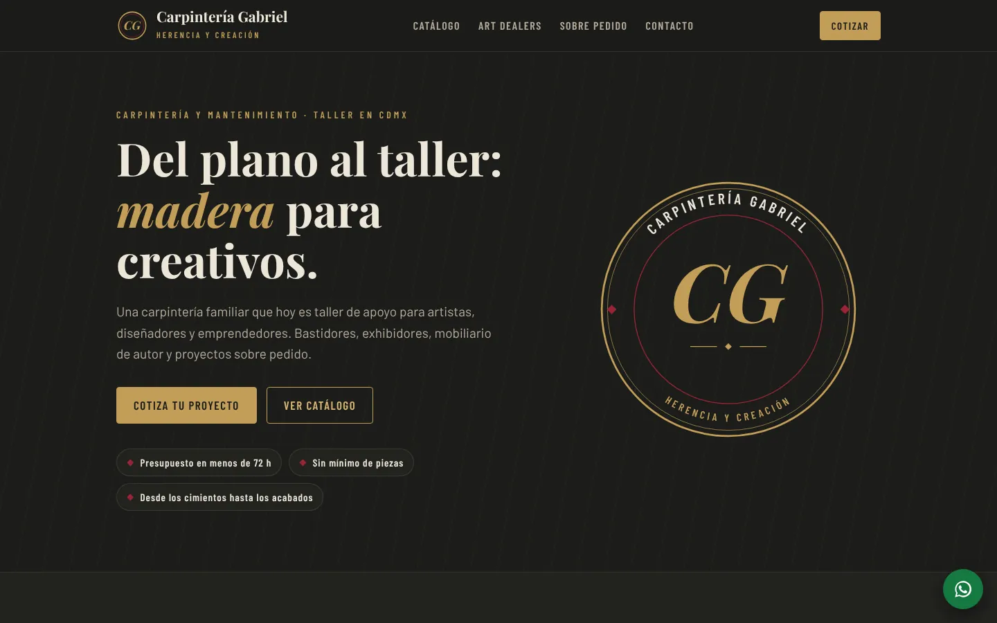 Página de Carpintería Gabriel en computadora: «Del plano al taller: madera para creativos»