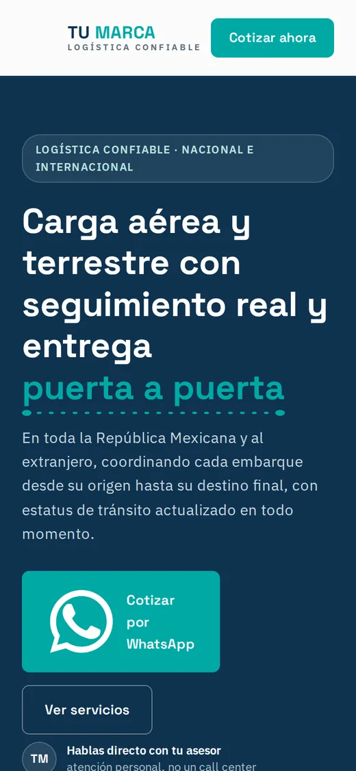 Concepto de página para empresa de logística, vista en celular