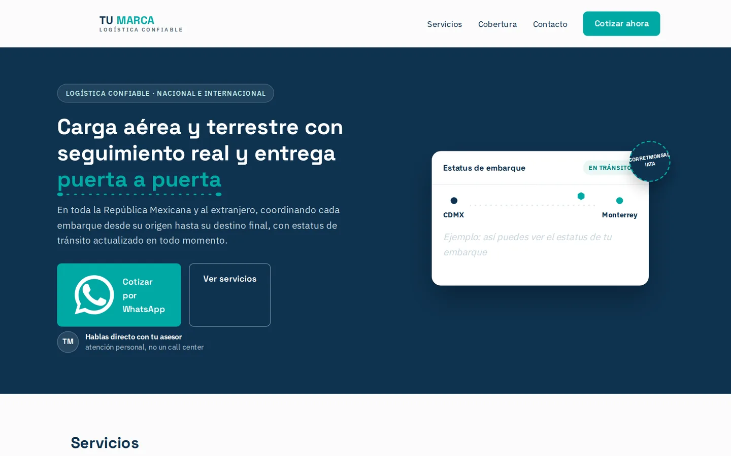 Concepto de página para empresa de logística, vista en computadora