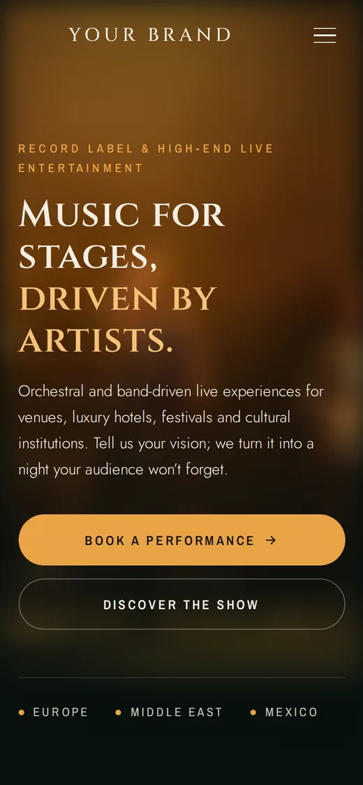 Concepto de página para productora de música en vivo, vista en celular