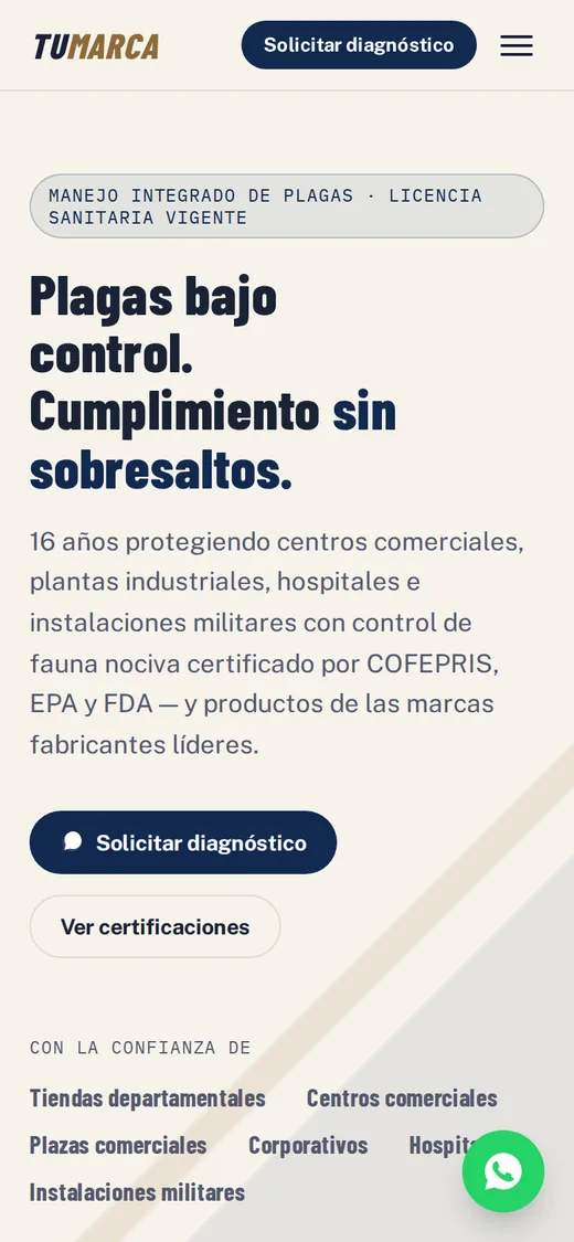 Concepto de página para control de plagas para empresas, vista en celular