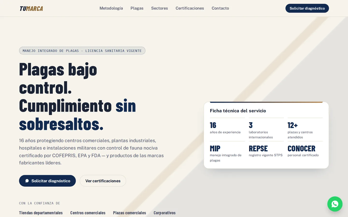 Concepto de página para control de plagas para empresas, vista en computadora